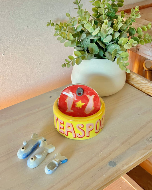 color pop sardine tin + teaspoons